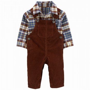 2-Piece Plaid Button-Front & Overall Set