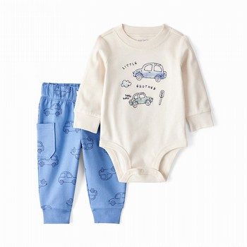 2-Piece Car Little Brother Long-Sleeve Bodysuit Pant Set - White/Blue