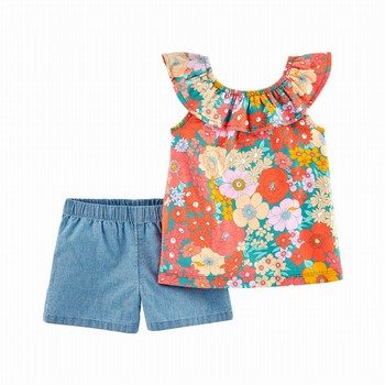 2-Piece Floral Top & Chambray Short Set