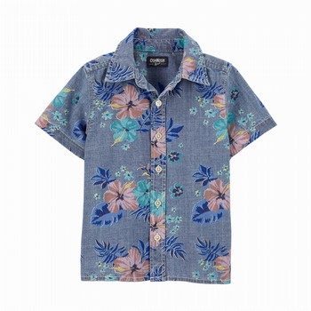 Hawaiian Print Chambray Button-Front Shirt