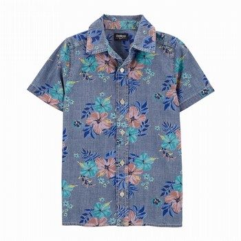 Hawaiian Print Chambray Button-Front Shirt